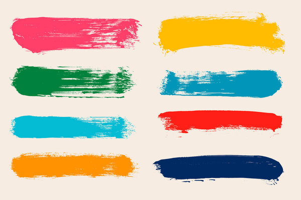 Набор красочных мазков кисти, линий, сухой кисти, элементов дизайна ручной росписи. Глиняные коробки, текстурированные, подложки для текста. Цветные грубые гранжевые края. Коллекция художественных кистей. Векторные чернила.