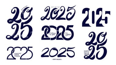Büyük set 2025 Mutlu Yıllar logosu metin tasarımı. 2025 sayı dizayn şablonu koleksiyonu. Vektör sembolleri dekorasyon. Siyah etiketli Noel vektör illüstrasyonu.