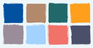 Grunge rengarenk kare şablonu ayarlandı. Vektör boyalı kareler ya da dikdörtgen şekiller. Resim tuvaline el çizimi fırça darbeleri. Metin için kirli renkli grunge tasarım sınırları, çerçeveler veya şablonlar
