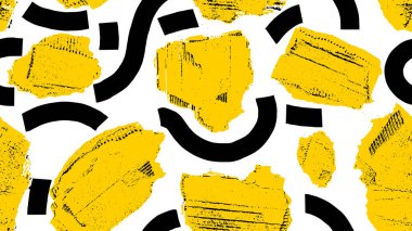 Kusursuz desenli soyut şekiller karton grunge tarzında. Siyah kalın çizgileri olan kusursuz sarı karton. Renkli geometrik elementlerle vektör çizimi. Yüksek kaliteli retro desenli.