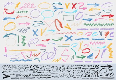 Charcoal Pencil Curly Lines, Squiggles and Shapes. Grunge Pen Scribbles Set. Hand Drawn Pencil Lines, Doodles. Bright Color Charcoal or Chalk Drawing. Vector Rough Crayon Strokes. Ink Color Splatters. clipart