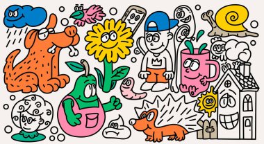 Faaliyetler Komedi Seti. Doodle 'ın El Çekimi Vektör İllüstrasyonu, çizgi araçları çizimi. Koleksiyon El Çizimi Çizim Kalıbı. Canavarlar, çizgi film seyircilerinin ellerini Doodle tarzında çizer..