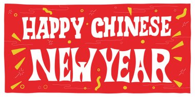 Mutlu Çin Yeni Yılı 'nda el yazması harfler. Kutlama yapalım. El yazısı cümlesi. Kırmızı arkaplanda düz vektör çizimi. Havai fişekler ve oryantal dekorasyonlar. Altın Noel, yazı tipi tasarımı.