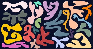 Sıvı renkli organik damlacıklar seti. Dalgalı elementler y2k tarzında kabarcıklar ve düşüş gösteriyor. Çocuksu renkli vektör çizimleri. Parlak aerodinamik şekil koleksiyonu.