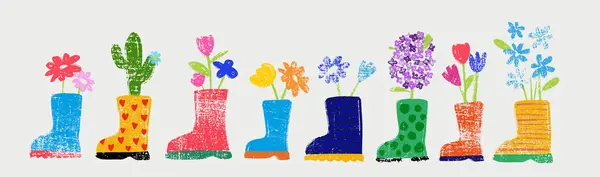 Colección Bonitas Botas Goma Colores Con Flores Primavera Aisladas Sobre Vectores de stock libres de derechos