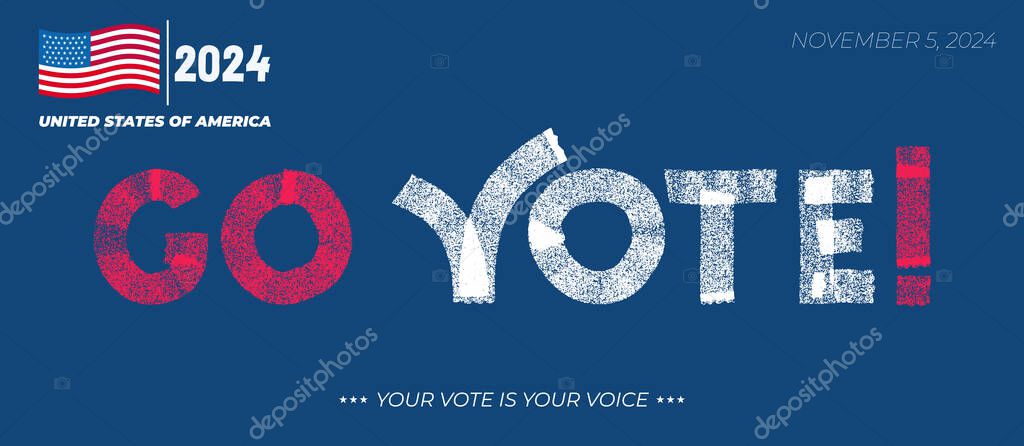 2024 Go Vote! text in calligraphy for United States of America Presidential election. Vote day, November 5. Brush vector text with USA flag colors and check mark in Vote symbolizing voting. Election.