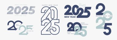 2025 Mutlu Yıllar logosu metin tasarımı. 2025 sayı dizayn şablonunun trend koleksiyonu. Noel dekorasyonu ve iş için tasarım. Takvim, pankart, etiket ve sembol için vektör illüstrasyonu.