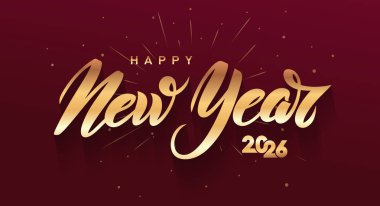 Poster, selamlama, afiş ve yeni yıl 2026 kutlaması için yeni yıl vektör tasarımınız kutlu olsun. Altın harfli el yazısı. Altın lüks tipografik element. Noel 2026 sayı dizayn şablonu.