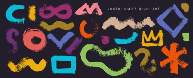 Çok renkli karalama grunge tarzında vektör oyuncu soyut şekiller. El çizimi karalama çemberi renkli geometrik elementler. Karalamalar, yıldız işaretleri, daireler, noktalar, dalgalı çizgiler, sonsuzluk işareti.