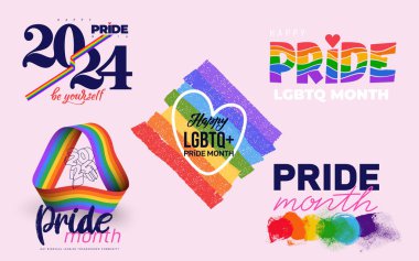 LGBT topluluğunun renkli geçmişinde büyük bir kalple mutlu 2024 Onur Günü. Gay gurur vektörü koleksiyonu. Gurur Ayı harfleri. Aşk, özgürlük, destek, barış sembolü. Vektör illüstrasyonu.