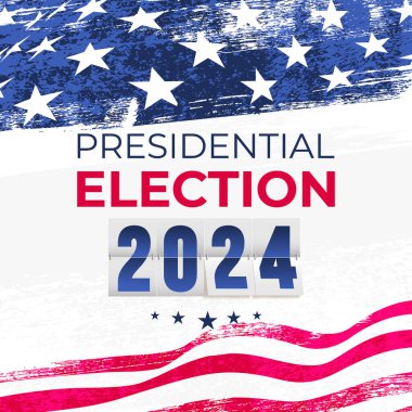 Seçim günü. ABD 'de 2024' e oy verin, kırmızı, mavi renk tasarımı. 2024 'te başkanın oylaması ile ilgili bir tartışma. Seçim, branda poster vektöründeki fırçayla yapıldı. Siyasi seçim kampanyası. 5 Kasım.