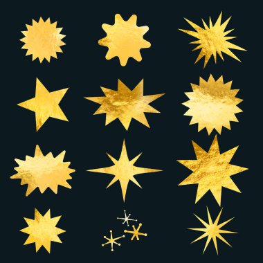 Parlak altın folyo seti. Altın vektör yıldızları, güneş patlaması sembolleri. Eski günışığı sembolleri. Alışveriş etiketleri, indirim ya da indirim etiketleri, kalite notu, promosyon rozeti. Özel teklif fiyat etiketi.