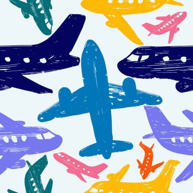 Uçaklı kusursuz bir çocuk modeli. Bebek uçak modeli. Kusursuz uçak vektör arkaplanı. Vektör eli renksiz, tekrarlayan çocuklar çizilmiş. Basit bir uçak modeli. Komik uçaklar..