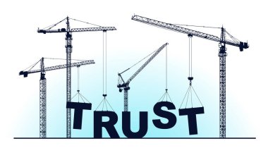 İnşaat vinçleri Güven kelimesinin konsept tasarımını yapar. Gelişim sürecinde alegori içeren yaratıcı kavramsal illüstrasyon, iş ve ilişki metaforu. Vektör kavramı