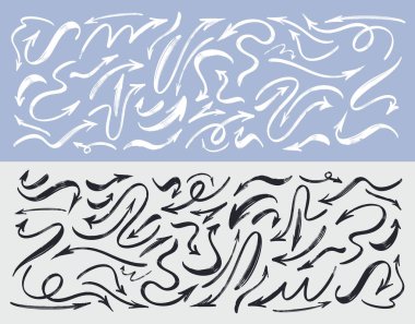 Büyük bir fırça seti, ince uçlu siyah beyaz oklarla kalın çizilmiş. El çizimi siyah karalamalar farklı yönlere kalın oklar. Fırça darbesi okları tasarım element vektör çizimi.