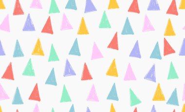 Soyut geometrik renkli, dikişsiz desen. Beyaz zemin üzerinde mavi, kırmızı, pembe, sarı, yeşil vektör üçgenleri. Kusursuz desenli kuru fırça boyalı üçgenler. Düzensiz çocuksu biçim kalıbı.