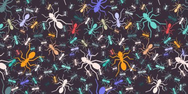 Ant monochrome seamless pattern vector illustration. Colored little ants on black background of the random silhouette colorful ants. Template texture for you design. Vector illustration. clipart