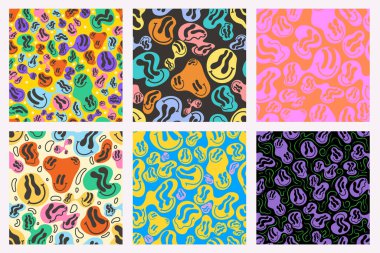 Kocaman renkli, eriyen gülümseyen yüzler. Kusursuz desenli pastel lav lambası, uyuşturucu gezisi, su damlaları, arka plan, ambalaj kağıdı. El yapımı antika palet. Soyut vektör deseni şablonu.