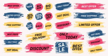 Renkli fırça satışı, etiket ve etiket satışı. Tasarım tanıtım ortamı için uygun satış etiketi koleksiyonu. Sıcak Satış, İndirim, En İyi Fiyat, En İyi Satın Alma Sancağı, El Çekimi.