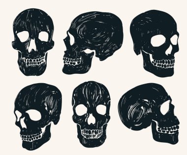 Kafatası Siluet El koleksiyonu gotik bir ikon çizdi. Şablon Cadılar Bayramı Sembolü. Kuru fırçayla boyanmış kafatasları. Kara ölüm konsepti, ürkütücü tasarım. Düz Grunge Vektör İllüstrasyonu.