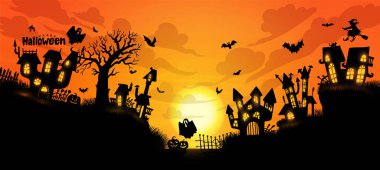 Halloween town. Eerie vector shadows cast upon a cityscape with crooked spires, haunted houses, moon. Template silhouette of sinister darkened shapes hint at supernatural secrets in the spectral night clipart