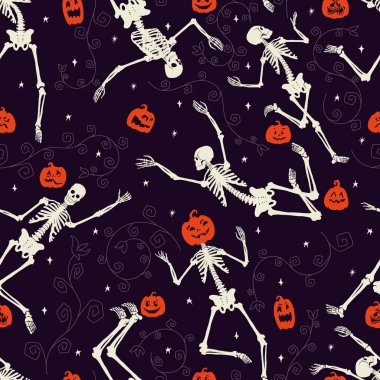 Dans eden iskeletler, gri yapraklar ve turuncu balkabakları. Kusursuz şekilli iskeletler dans ediyor. Bayramların şablonu. Mutlu Cadılar Bayramı. Kumaşa yazdırmak için vektörsüz desen.