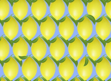 Gerçekçi 3 boyutlu limon deseni. Kusursuz desen vektör kontrollü iz, kalıp, çerçeve elementleri. Kusursuz sarı limon desenli siyah fırça darbeleriyle yaz beyaz arka planı. Vektör illüstrasyonu.