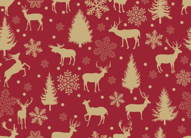 Ren geyikleriyle kusursuz bir Noel deseni. Kış Düzeni. Tatil sezonu şablonu. Ren geyiği deseni, ambalaj kağıdı, şablon dolguları, kış selamları, geçmiş, yeni yıl tebrik kartları..