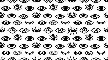 Kusursuz göz deseni. Göz grafiği geçmişi. Siyah ve beyaz, gizemli, kusursuz bir model. Parmak izleri, tişörtler, kartlar, giysiler için hayali gözlerin modern dokusu..