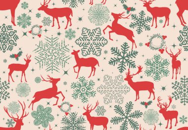 Ren geyiği ve kar taneleriyle kusursuz bir Noel. Klasik Noel ren geyiği desenli pastel, kırmızı, yeşil, beyaz. Kış tatili geçmişi, kusursuz desenler. Vektör illüstrasyonu.