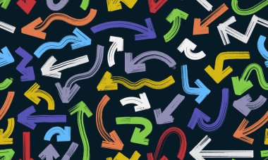 Kusursuz desenli fırça, işaretli kalın oklar. Kusursuz grunge el farklı yönlere kalın oklar çizdi. Desen vektör renk okları kömür okları, yön gösterici simgeleri.