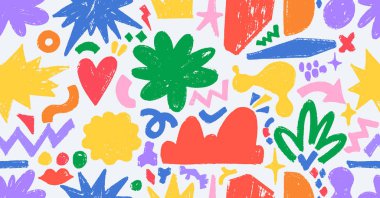 Kusursuz desenli renkli şekiller çıkartma paketi. Karalama kömür karalamaları, tebeşir kıvırcıkları. Kalem kabartmaları. Vektör deseni renkli çiçek, baloncuk, yıldız, eğri büğrü, modayı takip eden ok.