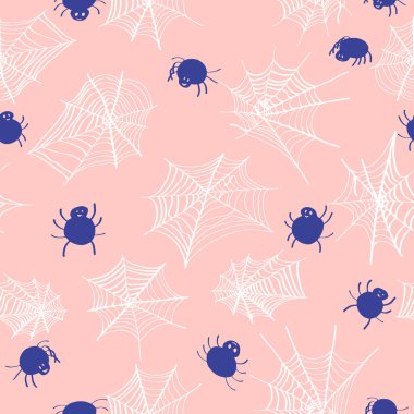 Kusursuz desenli şirin çocuklar Cadılar Bayramı örümceği. Turuncu arka planda siyah örümcekler ve örümcek ağı. Cadılar Bayramı dekorasyonu, tasarımı, duvar kâğıdı, tekstil, kumaş, ambalaj için ürkütücü şablon baskısı.