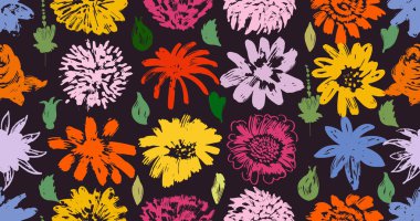 Kusursuz desenli çiçek vektörü. Bahar kasımpatı makinesinden elde çizilmiş. Kuru fırça tarzı çiçek motifleri. Dallı ve yapraklı pastel boya. Kusursuz desenli tek renkli vektör baskısı.