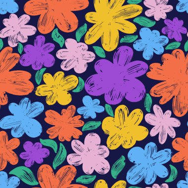 Kusursuz desenli grunge doğa fırça darbesi çiçekleri. Tekstil, kumaş, ambalaj, herhangi bir yüzey için moda tasarımı. Katılım çizimi. Elle çizilmiş papatya desenli bir taşıyıcı. Grunge çizgisi sanatı.