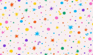 Kusursuz desenli el renkli serpintiler serpiştiren yıldızlar beyaz arka plan renk konfetileri. Tatil doğum günü partisi için şablonsuz vektör dokusu, kutlama, arka plan, pankart, hediye paketi.