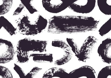 Kusursuz desenli fırça darbeleri vektörü. Kıvrımlı siyah, dalgalı çizgiler ve grunge daireler. Kusursuz desenli kaotik mürekkep fırçası dekoratif desenli karalama yapar. El çizimi dağınık karalamalar, kalın kıvrımlı çizgiler.