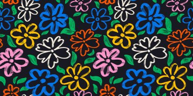 Kusursuz desenli basit fırça darbesi çiçekleri. Elle çizilmiş papatya desenli bir taşıyıcı. Grunge Line sanatı. Tekstil, kumaş, ambalaj, herhangi bir yüzey için moda tasarımı. İçerik çizimi.