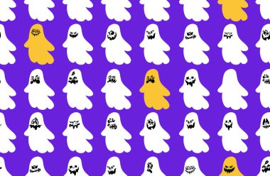 Değişik duygulara sahip kusursuz desenli ürkütücü hayalet çizgi film hayaletlerinin resimlerini canlı kırmızı arka plana paralel olarak yerleştirmiş. Kusursuz hayalet, suluboya, Cadılar Bayramı için vektör