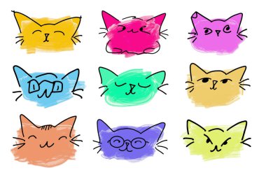 Kedi suratlı ev hayvanı seti. Çizgi film kedilerinin dikizleme koleksiyonu. Tuhaf röntgenci hayvanlar. Güncel boya, lekeler. Şimdiki mürekkepler. Vektör çizimi. Beyaz arkaplanda izole.