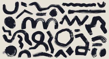 Geniş kıvrımlı siyah fırça darbeleri, kıvrımlı kıvrımlı döngüler. Şablon vektör fırçası dalgalı lekeler, daire, noktalar, zikzak çizgileri çizdi. Üniversiteler ve grafik tasarımı için Geometrik eski figürler.