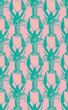 Istakoz ve yıldızların klasik deseni. Klasik ıstakozların şablonsuz deseni, sarı yıldızlar. Kusursuz desenli ıstakoz vektörü. Pembe ve turkuazın karışımı. Dikey arkaplan.