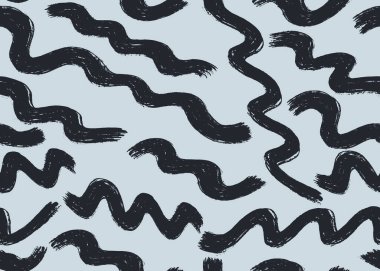 Kalın dalgalı grunge çizgileri pürüzsüz desen. Yatay gri el fırça darbeleri vektör desenini çiziyor. Sanat tuvaline kuru fırçayla boyanmış farklı dalgalı çizgiler dizisi geometrik mürekkep çizgileri arkaplan.