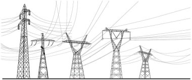 Siyah yüksek voltajlı iletim sistemleri. Elektrik direği, elektrik hatları, enerji direkleri koleksiyonu. Siluet vektörü ayarlandı. Birbirine bağlı bir elektrik ağı. Vektör tasarımı illüstrasyonu.