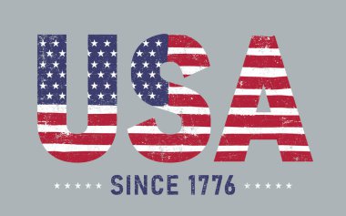 ABD 1776 'dan beri Bayrak Tasarımı. Şablon fırça darbesi 1776 'dan beri Amerikan bayrağı grunge. Beyaz arka planda vektör bayrağı. Tişört, kıyafet, doku, kalıp, arkaplan için metin, tipografi.