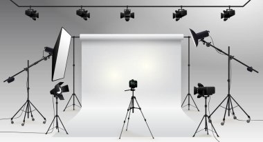 Fotoğraf stüdyosu vektörü. Fotografik cihazlar. Fotoğraf stüdyosu beyaz arka plan yumuşak kutu ışığı, kamera, tripod ve fon. Vektör çizimi. Beyaz arkaplanda izole.