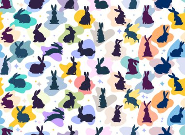 Koşan, zıplayan tavşanların renkleri kusursuz. Çin yeni yılı 2025. Tatiller için kusursuz desen, poster, geçmiş, hediye paketi, tavşanlı uçsuz bucaksız vektör deseni.