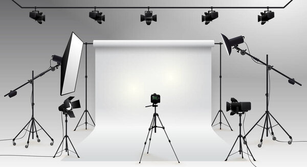 Fotografía Vector Estudio Dispositivos Fotográficos Estudio Fotográfico Blanco Fondo Blanco — Vector de stock