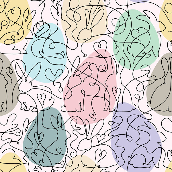 Seamless pattern drawing rabbits. Easter pastel background. Pattern for wallpaper, web, decals, spring fashion fabric, textile, background for holiday greeting card or christmas decor. Vector Easter.