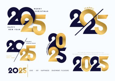Altın sayılar seti Mutlu yıllar 2025 metin tasarımı. 2025 yılının iş günlüğünün kapağı. Broşür tasarım şablonu, kart, afiş sosyal medya, web sitesi. Vektör illüstrasyon altın etiketleri.